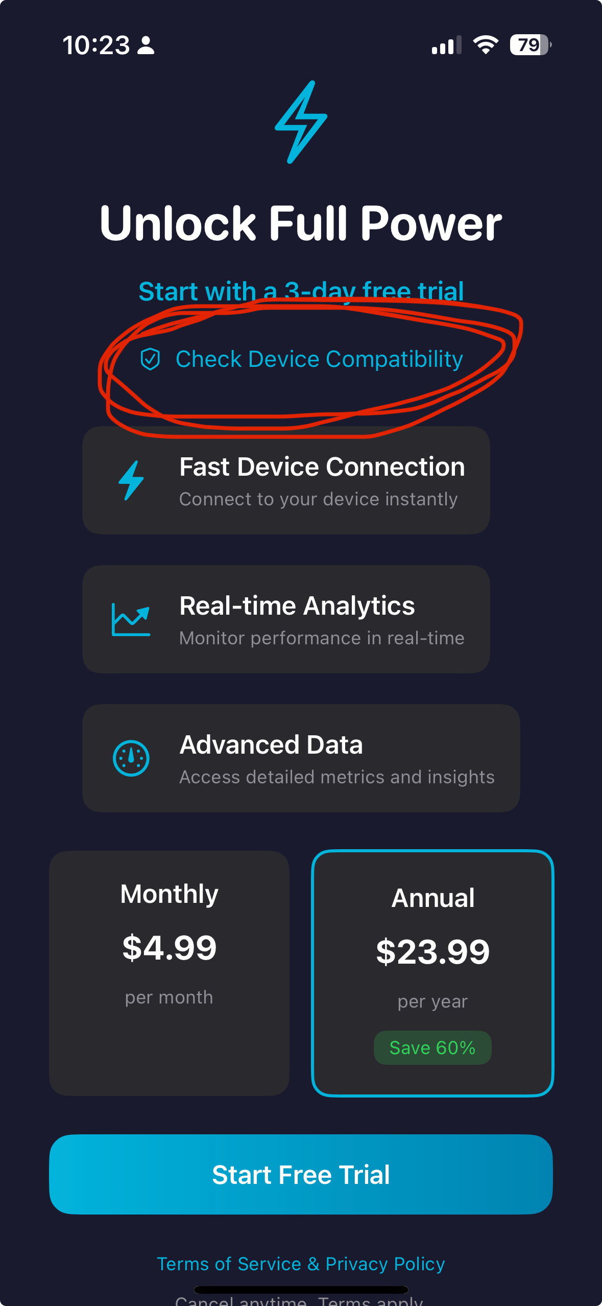 App unlock screen showing compatibility check button