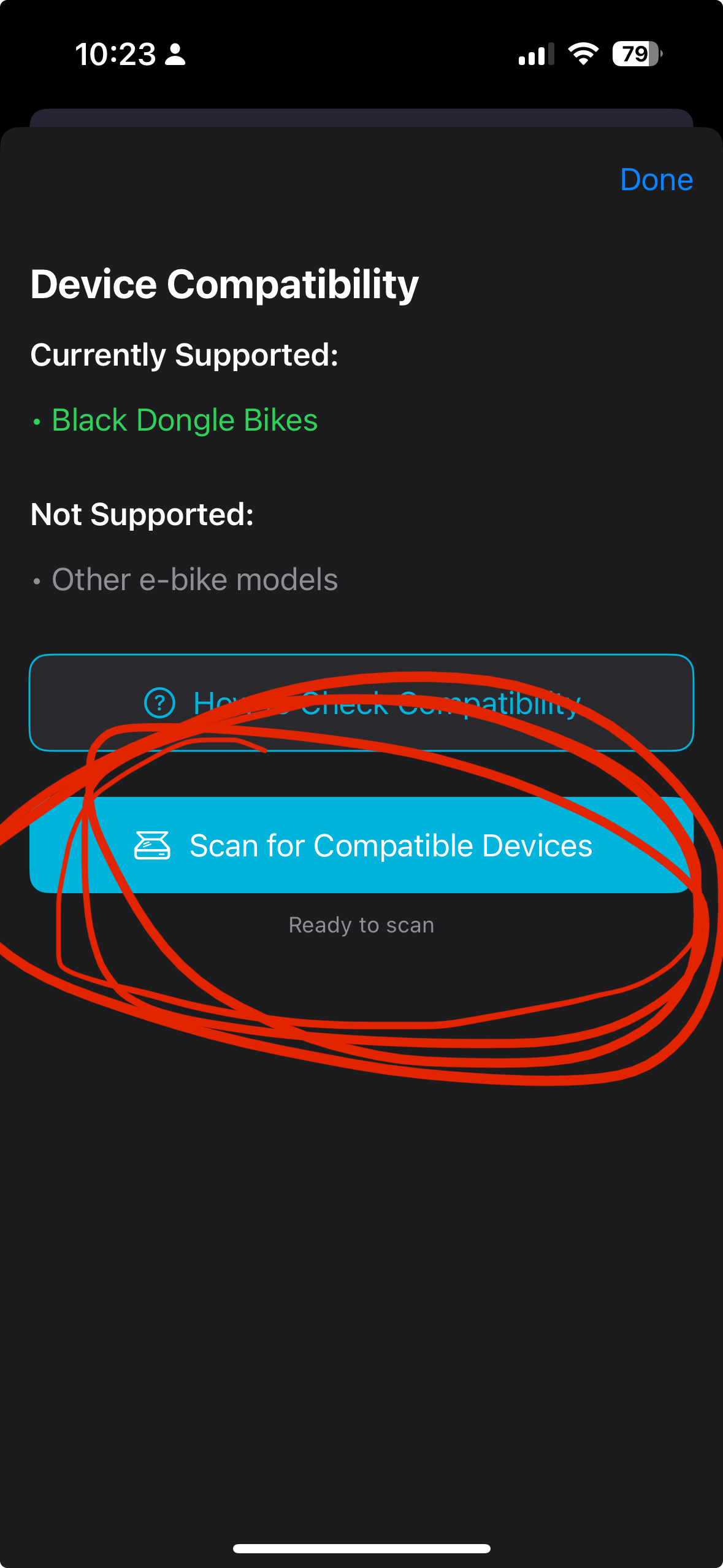 Device compatibility screen showing scan button